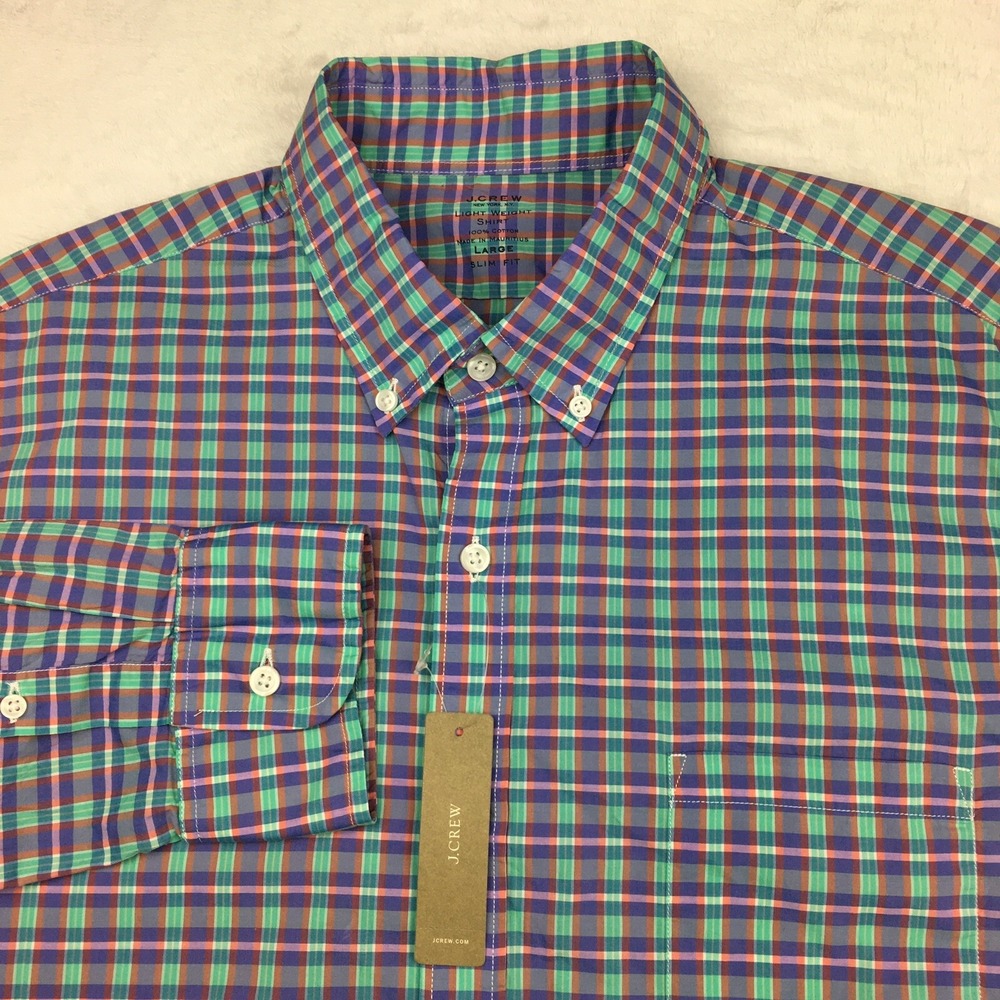 J.CREW Shirt Mens Large Multi-Color Check Slim Fit Lightweight Long Sleeves NWT!